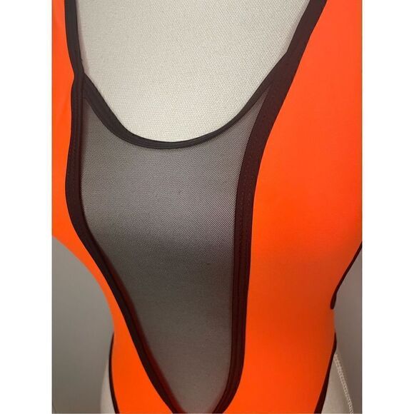 NWT One Piece Plunge Neck Swimsuit Size S Orange Mesh Pool Vacation Beach Sexy - Picture 10 of 11